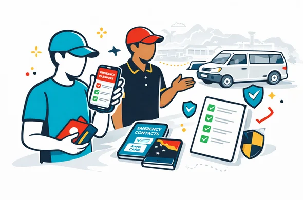 Flat or semi-flat vector illustration, clean lines, modern tech feel, isometric emergency readiness and travel document scene in Papua New Guinea. Abstract faceless traveler with phone emergency contacts, passport, digital arrival card, and a calm local guide beside a vehicle, organized checklist and shield icons, safe efficient atmosphere. Primary colors deep blue and turquoise with Papua New Guinea accent colors red, black and gold. Minimal white and light grey background with a faint airport outline and tropical mountain silhouette. No text, no logos, not photorealistic.