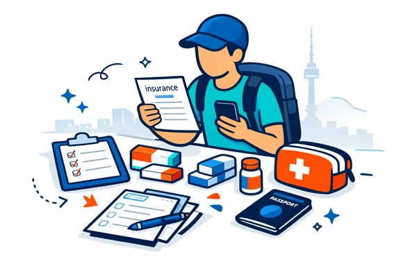 Flat or semi-flat vector illustration, clean lines, modern tech feel, isometric travel preparation scene. Abstract faceless traveler organizing travel insurance papers, prescription medicine boxes, passport, smartphone, checklist and a small first-aid pouch before a trip to South Korea. Deep blue and turquoise primary palette with South Korea accent colors red and dark navy. Calm, organized, efficient, safe atmosphere. Minimal white and light grey background with a faint Seoul skyline and subtle N Seoul Tower outline. No text, no logos, no photorealism, no watermark.