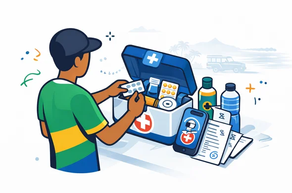 Flat or semi-flat vector illustration, clean lines, modern tech feel, isometric medical travel safety scene for Tanzania. Abstract faceless traveler packing a first-aid kit, insurance card, smartphone with emergency support, repellent spray, bottled water, and prescription papers. Deep blue and turquoise primary palette with Tanzania-inspired accents of green, gold, black, and blue. Calm, organized, efficient, safe atmosphere. Minimal white and light grey background with a faint safari jeep outline and distant coastal silhouette for Zanzibar. No text, no logos, no photorealism, no watermark.
