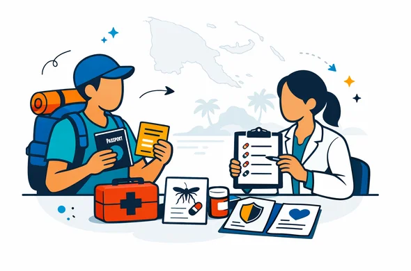 Flat or semi-flat vector illustration, clean lines, modern tech feel, isometric travel health preparation scene. Abstract faceless traveler and travel clinic specialist reviewing a passport, vaccination card, medicine checklist, malaria prevention notes and insurance documents before a trip to Papua New Guinea. Deep blue and turquoise primary palette with Papua New Guinea accent colors red, black and gold. Calm, organized, efficient, safe atmosphere. Minimal white and light grey background with a faint outline of Papua New Guinea and subtle tropical island silhouette. No text, no logos, no photorealism, no watermark.