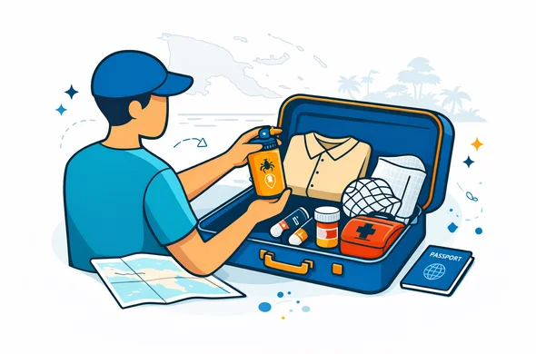 Flat or semi-flat vector illustration, clean lines, modern tech feel, 2D travel health scene focused on malaria prevention for Papua New Guinea. Abstract faceless traveler packing insect repellent, long-sleeve clothing, bed net, first aid kit and prescription malaria tablets beside a passport and travel map. Deep blue and turquoise primary palette with Papua New Guinea accent colors red, black and gold. Calm, organized, efficient, safe atmosphere. Minimal white and light grey background with a faint tropical jungle and coastline silhouette. No text, no logos, no photorealism, no watermark.