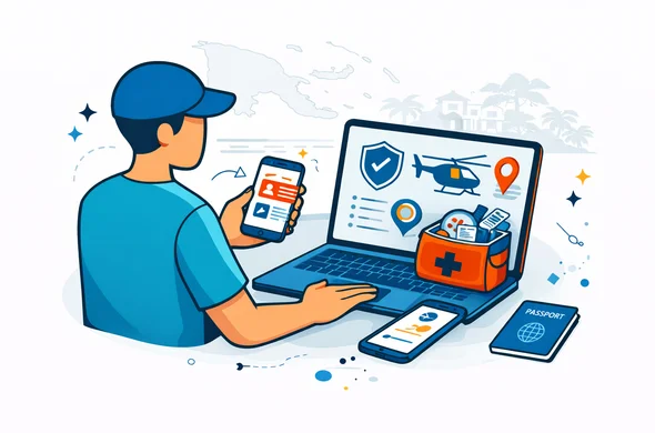 Flat or semi-flat vector illustration, clean lines, modern tech feel, isometric insurance and remote medical planning scene for Papua New Guinea travel. Abstract faceless traveler reviewing travel insurance coverage, emergency contact card, evacuation helicopter icon, clinic map pin, medicine pouch and passport on a laptop and smartphone. Deep blue and turquoise primary palette with Papua New Guinea accent colors red, black and gold. Calm, organized, efficient, safe atmosphere. Minimal white and light grey background with a faint island coastline and remote clinic silhouette. No text, no logos, no photorealism, no watermark.