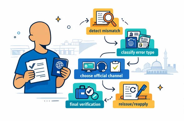 Flat or semi-flat vector illustration, modern tech feel, isometric composition. A calm abstract faceless character (neutral skin tone, no facial features) holds an approved e-visa document and a passport. Beside them, a clean roadmap flowchart with five steps: detect mismatch, classify error type (name vs passport number vs birthdate), choose official channel (portal amendment vs support ticket vs re-application), reissue/reapply, final verification before check-in. Use deep blue and turquoise as primary brand colors and golden sand as the accent (hub/Israel vibe). Minimal white/grey background with a faint outline of an airport terminal and subtle Jerusalem skyline silhouette. Calm, organized, safe, efficient. No photorealism, no text in the artwork.