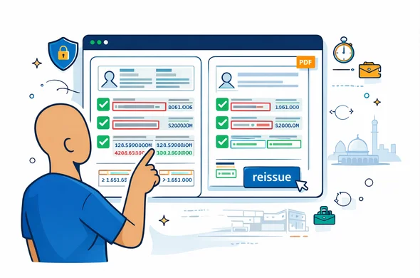 Flat vector illustration, clean lines, modern tech operations mood, light isometric. A secure digital dashboard automatically scans a passport MRZ and an e-visa PDF side-by-side. Show green checkmarks for correct fields (name, passport number, DOB) and a few highlighted red mismatches being flagged and then corrected. An abstract faceless specialist (neutral tone, no facial features) points to the MRZ and clicks a "reissue" button. Add subtle icons: shield/lock for security, stopwatch for urgency, and a support ticket. Primary palette deep blue and turquoise, accent golden sand. Minimal white/grey background with faint outline of an airport terminal and subtle Jerusalem skyline silhouette. Calm, organized, efficient, not photorealistic, no readable text.