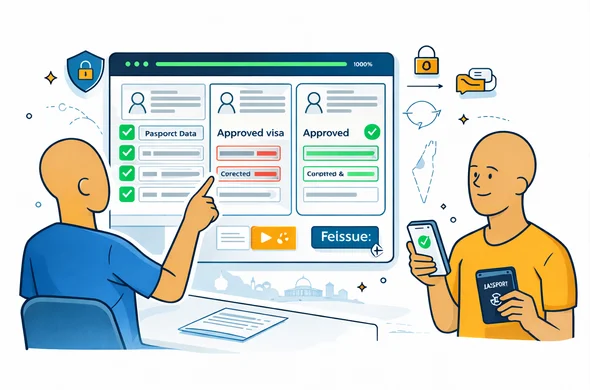 Semi-flat vector illustration, modern digital visa office, 2D with light isometric elements. An abstract faceless visa expert reviews a large screen dashboard showing passport data, an approved visa with a highlighted typo, and a corrected reissued approval document. Visual cues: organized checklist, validation progress bar reaching 100%, secure lock icon, and a support email/ticket icon. Add a calm client character holding a phone and passport, reassured. Primary colors deep blue and turquoise, accent golden sand. Minimal white/grey background with faint outline of Israel map and subtle Jerusalem skyline silhouette. Calm, efficient, trustworthy, no photorealism, no readable text.