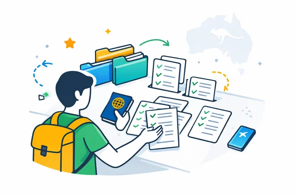 Flat or semi-flat vector illustration, clean lines, modern tech feel, 2D organized document preparation scene, deep blue and turquoise primary colors with Australian accent colors gold and green. Abstract faceless traveler arranging passport, travel papers, phone, checklist cards and digital folders on a clean desk, calm organized efficient safe atmosphere, minimalist white and light grey background with a faint outline of Australia map and subtle kangaroo icon style silhouette, no text, no logos, not photorealistic. Flat or semi-flat vector illustration, clean lines, modern tech feel, 2D organized document preparation scene, deep blue and turquoise primary colors with Australian accent colors gold and green. Abstract faceless traveler arranging passport, travel papers, phone, checklist cards and digital folders on a clean desk, calm organized efficient safe atmosphere, minimalist white and light grey background with a faint outline of Australia map and subtle kangaroo icon style silhouette, no text, no logos, not photorealistic.