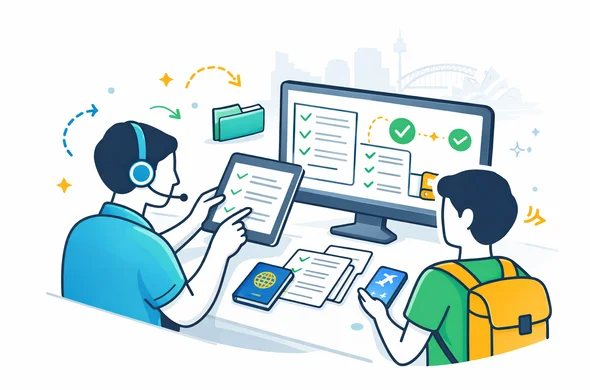 Flat or semi-flat vector illustration, clean lines, modern tech feel, isometric service guidance scene, deep blue and turquoise primary colors with Australian accent colors gold and green. Abstract faceless support specialist guiding a traveler through a calm digital visa workflow on tablet and desktop screens, with checklist cards, passport, phone and approval path icons, calm organized efficient safe atmosphere, minimalist white and light grey background with a faint Sydney skyline silhouette, no text, no logos, not photorealistic. Flat or semi-flat vector illustration, clean lines, modern tech feel, isometric service guidance scene, deep blue and turquoise primary colors with Australian accent colors gold and green. Abstract faceless support specialist guiding a traveler through a calm digital visa workflow on tablet and desktop screens, with checklist cards, passport, phone and approval path icons, calm organized efficient safe atmosphere, minimalist white and light grey background with a faint Sydney skyline silhouette, no text, no logos, not photorealistic.