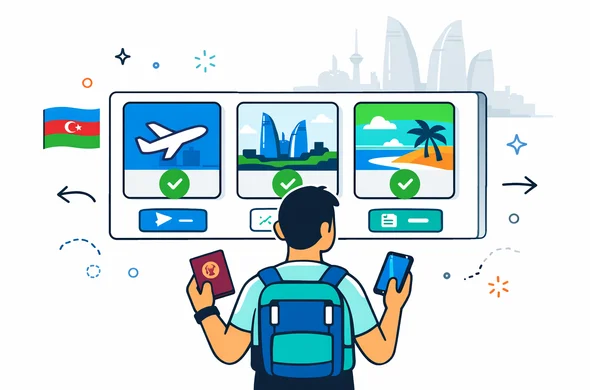 Flat or semi-flat vector illustration, clean lines, modern tech feel, isometric 2D scene. Abstract faceless traveler choosing between organized entry paths to Azerbaijan on a digital dashboard, holding passport and smartphone. Deep blue and turquoise primary colors with Azerbaijan accent colors red, green and light blue. Calm, organized, efficient, safe atmosphere. Minimal white and light grey background with a faint silhouette of Baku skyline and Flame Towers. No photorealism, no text, no logos, no watermark.
