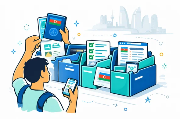 Flat or semi-flat vector illustration, clean lines, modern tech feel, isometric document preparation scene for Azerbaijan travel. Abstract faceless traveler organizing passport scan, checklist, phone, travel booking cards and official portal screens into neat folders. Deep blue and turquoise primary colors with Azerbaijan accent colors red, green and light blue. Calm, organized, efficient, safe atmosphere. Minimal white and light grey background with a faint silhouette of Baku old city and modern skyline. No photorealism, no text, no logos, no watermark.