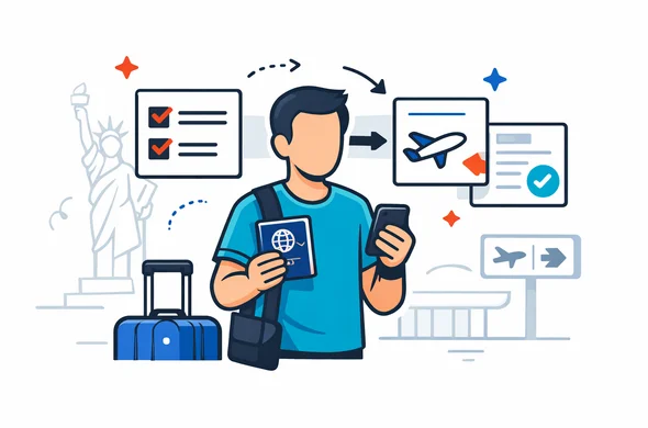 Flat or semi-flat vector illustration, clean lines, modern tech feel, isometric 2D scene. Abstract faceless traveler with passport and smartphone reviewing a U.S. travel authorization workflow, deep blue and turquoise primary palette with U.S. accent colors red and white, calm organized efficient safe atmosphere, minimalist white and light grey background with a faint outline of the Statue of Liberty and airport signage, no text, no logos, not photorealistic, no detailed facial features.