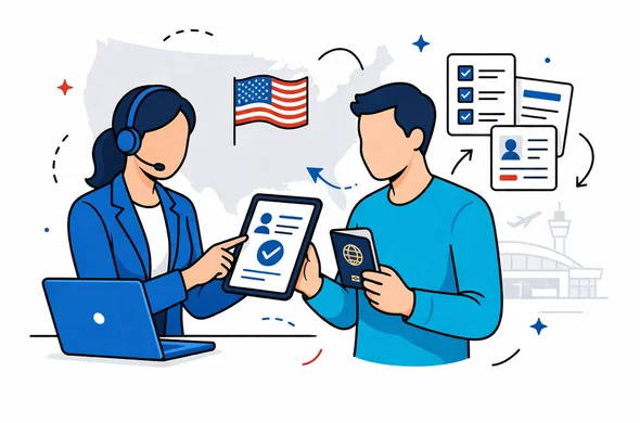 Flat or semi-flat vector illustration, clean lines, modern tech feel, 2D vector scene. Abstract faceless support specialist and traveler reviewing ESTA eligibility on a tablet with passport, checklist, and document cards, deep blue and turquoise primary colors with U.S. accent colors red and white, calm organized efficient safe atmosphere, minimalist white and grey background with a faint United States map silhouette and subtle airport terminal outline, no text, no logos, not photorealistic.