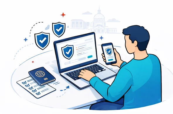 Flat or semi-flat vector illustration, clean lines, modern tech feel, isometric digital safety scene. Abstract faceless traveler using a laptop and smartphone on an official-looking secure travel authorization website with shield icons, passport and checklist nearby, deep blue and turquoise palette with U.S. accent colors red and white, calm organized efficient safe atmosphere, minimalist white and grey background with a faint Capitol or skyline silhouette, no text, no logos, not photorealistic.