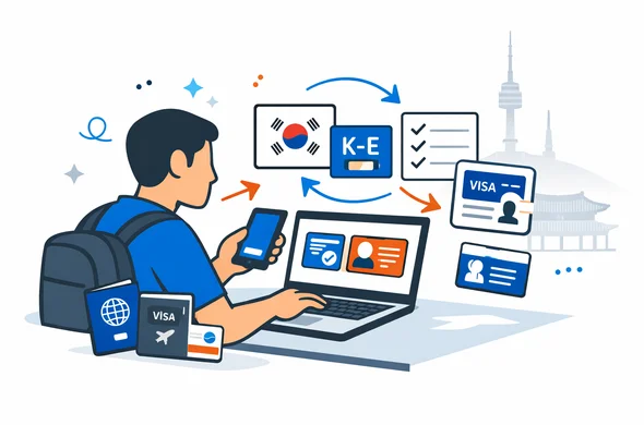 Flat or semi-flat vector illustration, clean lines, modern tech feel, 2D or light isometric scene. Abstract faceless traveler reviewing entry options for South Korea on a laptop and smartphone, with passport, visa card, K-ETA icon, arrival card icon, checklist panels and directional arrows. Deep blue and turquoise primary palette with South Korea accent colors red, blue, black and white. Calm, organized, efficient, safe atmosphere. Minimalist white and light grey background with a faint Seoul skyline including N Seoul Tower and a subtle traditional palace roof silhouette. No text, no logos, no photorealism, no watermark. Flat or semi-flat vector illustration, clean lines, modern tech feel, 2D or light isometric scene. Abstract faceless traveler reviewing entry options for South Korea on a laptop and smartphone, with passport, visa card, K-ETA icon, arrival card icon, checklist panels and directional arrows. Deep blue and turquoise primary palette with South Korea accent colors red, blue, black and white. Calm, organized, efficient, safe atmosphere. Minimalist white and light grey background with a faint Seoul skyline including N Seoul Tower and a subtle traditional palace roof silhouette. No text, no logos, no photorealism, no watermark.