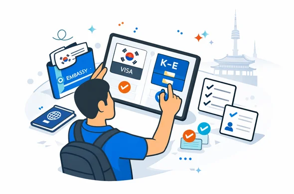 Flat or semi-flat vector illustration, clean lines, modern tech feel, isometric workflow scene. Abstract faceless traveler comparing South Korea visa path versus K-ETA path on a tablet, with passport, embassy document folder, digital approval icons, checklist cards and calm support elements. Deep blue and turquoise primary palette with South Korea accent colors red, blue, black and white. Safe, organized atmosphere. Minimal white and grey background with a faint outline of Gyeongbokgung Palace and Seoul skyline. No text, no logos, no photorealism, no watermark. Flat or semi-flat vector illustration, clean lines, modern tech feel, isometric workflow scene. Abstract faceless traveler comparing South Korea visa path versus K-ETA path on a tablet, with passport, embassy document folder, digital approval icons, checklist cards and calm support elements. Deep blue and turquoise primary palette with South Korea accent colors red, blue, black and white. Safe, organized atmosphere. Minimal white and grey background with a faint outline of Gyeongbokgung Palace and Seoul skyline. No text, no logos, no photorealism, no watermark.
