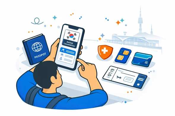 Flat or semi-flat vector illustration, clean lines, modern tech feel, 2D travel-preparation scene. Abstract faceless traveler preparing for South Korea entry with passport, smartphone showing digital arrival declaration, boarding details, health insurance icon, SIM card icon and transport card icon neatly arranged on a desk. Deep blue and turquoise primary palette with South Korea accent colors red, blue, black and white. Calm, organized, efficient, safe mood. Minimal white and light grey background with a faint Incheon Airport terminal silhouette and subtle Seoul city outline. No text, no logos, no photorealism, no watermark. Flat or semi-flat vector illustration, clean lines, modern tech feel, 2D travel-preparation scene. Abstract faceless traveler preparing for South Korea entry with passport, smartphone showing digital arrival declaration, boarding details, health insurance icon, SIM card icon and transport card icon neatly arranged on a desk. Deep blue and turquoise primary palette with South Korea accent colors red, blue, black and white. Calm, organized, efficient, safe mood. Minimal white and light grey background with a faint Incheon Airport terminal silhouette and subtle Seoul city outline. No text, no logos, no photorealism, no watermark.