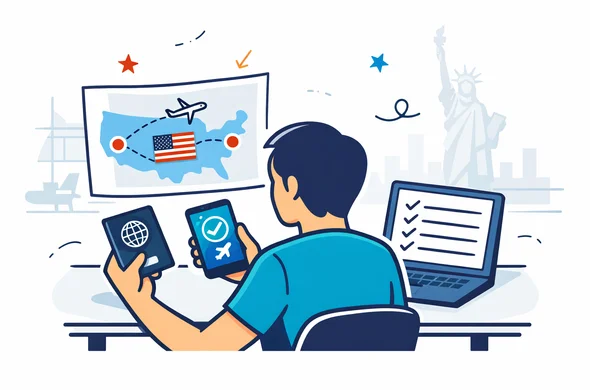 Flat or semi-flat vector illustration, clean lines, modern tech feel, 2D travel planning scene for U.S. transit with ESTA. Abstract faceless traveler at a desk comparing passport, airline route with connection through the United States, smartphone with ESTA approval concept, and a checklist on a laptop. Deep blue and turquoise primary palette with USA accent colors red, white, and dark navy. Calm, organized, efficient, safe atmosphere. Minimal white and light grey background with a faint airport terminal outline and subtle Statue of Liberty silhouette. No text, no logos, no photorealism, no watermark. Flat or semi-flat vector illustration, clean lines, modern tech feel, 2D travel planning scene for U.S. transit with ESTA. Abstract faceless traveler at a desk comparing passport, airline route with connection through the United States, smartphone with ESTA approval concept, and a checklist on a laptop. Deep blue and turquoise primary palette with USA accent colors red, white, and dark navy. Calm, organized, efficient, safe atmosphere. Minimal white and light grey background with a faint airport terminal outline and subtle Statue of Liberty silhouette. No text, no logos, no photorealism, no watermark.