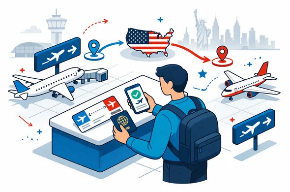 Flat or semi-flat vector illustration, clean lines, modern tech feel, isometric airport transit scene in the United States. Abstract faceless traveler at an airport connection desk reviewing passport, connecting boarding pass, and ESTA approval on a phone while route arrows point to the next flight. Deep blue and turquoise primary palette with USA accent colors red, white, and dark navy. Calm, organized, efficient, safe atmosphere. Minimal white and light grey background with a faint airport control tower and subtle U.S. skyline silhouette. No text, no logos, no photorealism, no watermark. Flat or semi-flat vector illustration, clean lines, modern tech feel, isometric airport transit scene in the United States. Abstract faceless traveler at an airport connection desk reviewing passport, connecting boarding pass, and ESTA approval on a phone while route arrows point to the next flight. Deep blue and turquoise primary palette with USA accent colors red, white, and dark navy. Calm, organized, efficient, safe atmosphere. Minimal white and light grey background with a faint airport control tower and subtle U.S. skyline silhouette. No text, no logos, no photorealism, no watermark.