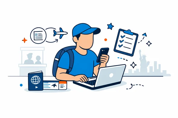 Flat or semi-flat vector illustration, clean lines, modern tech feel, 2D digital form preparation scene for ESTA and U.S. connection travel. Abstract faceless traveler using a smartphone and laptop to review ESTA application details, passport, onward ticket, and a connection checklist. Deep blue and turquoise primary palette with USA accent colors red, white, and dark navy. Calm, organized, efficient, safe atmosphere. Minimal white and light grey background with a faint passport control booth and subtle Manhattan skyline silhouette. No text, no logos, no photorealism, no watermark. Flat or semi-flat vector illustration, clean lines, modern tech feel, 2D digital form preparation scene for ESTA and U.S. connection travel. Abstract faceless traveler using a smartphone and laptop to review ESTA application details, passport, onward ticket, and a connection checklist. Deep blue and turquoise primary palette with USA accent colors red, white, and dark navy. Calm, organized, efficient, safe atmosphere. Minimal white and light grey background with a faint passport control booth and subtle Manhattan skyline silhouette. No text, no logos, no photorealism, no watermark.