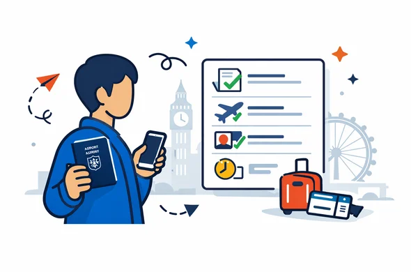 Flat or semi-flat vector illustration, clean lines, modern tech feel, 2D travel-planning scene for UK ETA. Abstract faceless traveler holding an Israeli passport and smartphone while reviewing a digital travel authorization checklist before a trip to the United Kingdom. Deep blue and turquoise primary palette with England accent colors red, white and dark navy. Calm, organized, efficient, safe atmosphere. Minimal white and light grey background with a faint London skyline and subtle Big Ben silhouette. No text, no logos, no photorealism, no watermark.