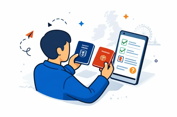 Flat or semi-flat vector illustration, clean lines, modern tech feel, isometric dual-passport decision scene for UK travel authorization. Abstract faceless traveler comparing two passports and a phone with a digital eligibility checklist for a UK ETA. Deep blue and turquoise primary palette with England accent colors red, white and dark navy. Calm, organized, efficient, safe atmosphere. Minimal white and light grey background with a faint outline of the UK map and subtle London Eye silhouette. No text, no logos, no photorealism, no watermark.