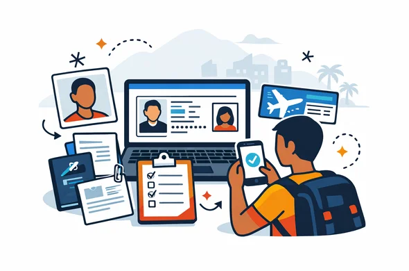 Flat or semi-flat vector illustration, clean lines, modern tech feel, isometric digital visa preparation scene for Papua New Guinea. Abstract faceless traveler organizing passport biodata scan, passport photo file, return ticket, support letter, checklist, and email confirmation on a laptop and smartphone. Deep blue and turquoise primary palette with Papua New Guinea accent colors red, black and gold. Calm, organized, efficient, safe atmosphere. Minimalist white and light grey background with a faint tropical mountain and Port Moresby skyline silhouette. No text, no logos, no photorealism, no watermark. Flat or semi-flat vector illustration, clean lines, modern tech feel, isometric digital visa preparation scene for Papua New Guinea. Abstract faceless traveler organizing passport biodata scan, passport photo file, return ticket, support letter, checklist, and email confirmation on a laptop and smartphone. Deep blue and turquoise primary palette with Papua New Guinea accent colors red, black and gold. Calm, organized, efficient, safe atmosphere. Minimalist white and light grey background with a faint tropical mountain and Port Moresby skyline silhouette. No text, no logos, no photorealism, no watermark.