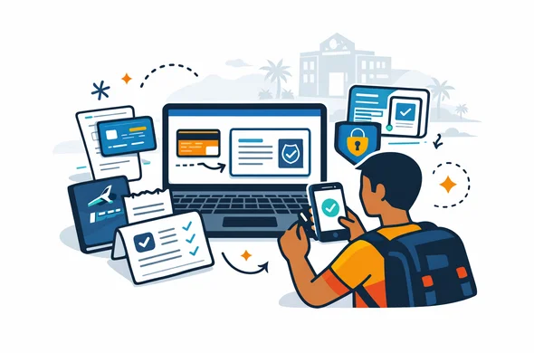 Flat or semi-flat vector illustration, clean lines, modern tech feel, isometric secure online payment scene for Papua New Guinea eVisa. Abstract faceless traveler paying a migration fee on a laptop and smartphone, with passport, receipt, billing confirmation, card icon, shield symbol, and MICA-style workflow panels. Deep blue and turquoise primary palette with Papua New Guinea accent colors red, black and gold. Calm, organized, efficient, safe atmosphere. Minimalist white and light grey background with a faint government office silhouette and subtle tropical outline. No text, no logos, no photorealism, no watermark. Flat or semi-flat vector illustration, clean lines, modern tech feel, isometric secure online payment scene for Papua New Guinea eVisa. Abstract faceless traveler paying a migration fee on a laptop and smartphone, with passport, receipt, billing confirmation, card icon, shield symbol, and MICA-style workflow panels. Deep blue and turquoise primary palette with Papua New Guinea accent colors red, black and gold. Calm, organized, efficient, safe atmosphere. Minimalist white and light grey background with a faint government office silhouette and subtle tropical outline. No text, no logos, no photorealism, no watermark.