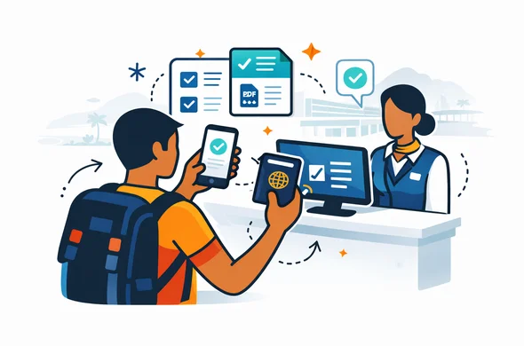 Flat or semi-flat vector illustration, clean lines, modern tech feel, 2D or light isometric airport check-in readiness scene for Papua New Guinea. Abstract faceless traveler showing eVisa approval email, passport, digital arrival card confirmation, and saved PDF on a smartphone to an airline desk, with checklist icons and calm support atmosphere. Deep blue and turquoise primary palette with Papua New Guinea accent colors red, black and gold. Minimalist white and light grey background with a faint airport terminal and tropical mountain silhouette. No text, no logos, no photorealism, no watermark. Flat or semi-flat vector illustration, clean lines, modern tech feel, 2D or light isometric airport check-in readiness scene for Papua New Guinea. Abstract faceless traveler showing eVisa approval email, passport, digital arrival card confirmation, and saved PDF on a smartphone to an airline desk, with checklist icons and calm support atmosphere. Deep blue and turquoise primary palette with Papua New Guinea accent colors red, black and gold. Minimalist white and light grey background with a faint airport terminal and tropical mountain silhouette. No text, no logos, no photorealism, no watermark.