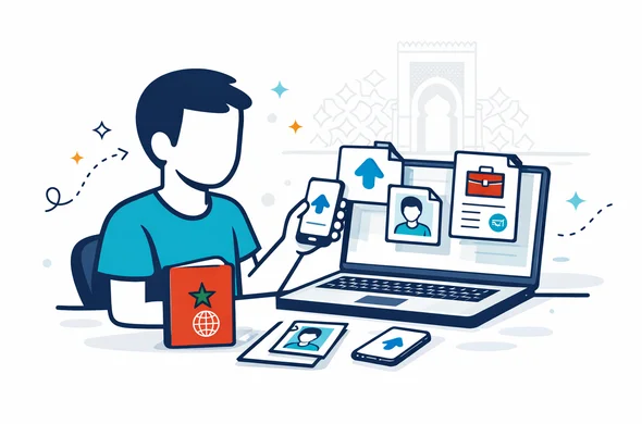 Flat or semi flat vector illustration, clean lines, modern tech feel, isometric document preparation scene for a Morocco visa application, abstract faceless traveler organizing passport, passport photo, scanned files and business support document on a laptop, smartphone and upload icons visible, deep blue and turquoise primary palette with Morocco accent colors red and green, calm organized efficient safe atmosphere, minimalist white and light grey background with faint Marrakech arch silhouette and subtle geometric tile motif, no text, no logos, no photorealism, no watermark