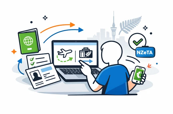 Flat or semi-flat vector illustration, clean lines, modern tech feel, 2D or light isometric scene of an abstract faceless traveler comparing New Zealand entry routes on a laptop and smartphone, with passport, visa document, NZeTA icon, checklist, and route arrows. Deep blue and turquoise primary palette with New Zealand accent colors fern green, black and white. Calm, organized, efficient, safe atmosphere. Minimal white and light grey background with a faint Auckland skyline and subtle silver fern outline. No text, no logos, no photorealism, no watermark.