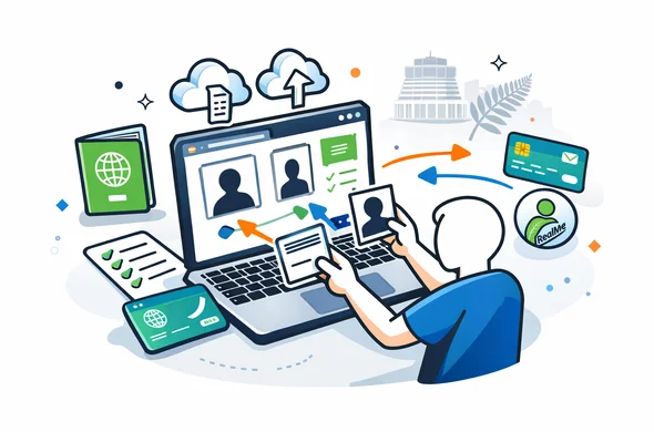 Flat or semi-flat vector illustration, clean lines, modern tech feel, isometric online visa application scene for New Zealand. Abstract faceless traveler uploading documents and photo through a laptop dashboard, with passport, cloud upload icons, secure payment card, checklist, and RealMe account symbol. Deep blue and turquoise primary palette with New Zealand accent colors fern green, black and white. Calm, organized, efficient, safe atmosphere. Minimal white and light grey background with a faint Wellington government building silhouette and subtle silver fern details. No text, no logos, no photorealism, no watermark.