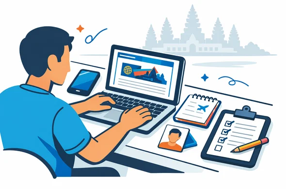Flat or semi-flat vector illustration, clean lines, modern tech feel, isometric 2D scene of an abstract faceless traveler with neutral skin tones preparing a Cambodia online visa application on a laptop. Passport, smartphone, passport photo, travel notes and checklist neatly arranged on a desk. Deep blue and turquoise primary palette with Cambodia-inspired red and temple-gold accents. Calm, organized, efficient, safe atmosphere. Minimal white and light grey background with a faint Angkor Wat silhouette. No text, no logos, no photorealism, no watermark.