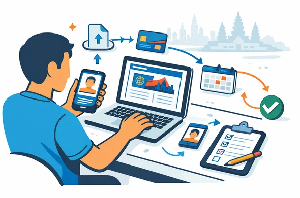 Flat or semi-flat vector illustration, clean lines, modern tech feel, isometric digital visa workflow scene for Cambodia. Abstract faceless traveler with neutral skin tones filling an online form on laptop while checking passport details on a smartphone, with upload icons, calendar, payment card and approval flow arrows. Deep blue and turquoise primary palette with Cambodia-inspired red accents and subtle gold highlights. Calm, organized, efficient, safe atmosphere. Minimal white and light grey background with a faint Phnom Penh skyline and Angkor-style temple outline. No text, no logos, no photorealism, no watermark.