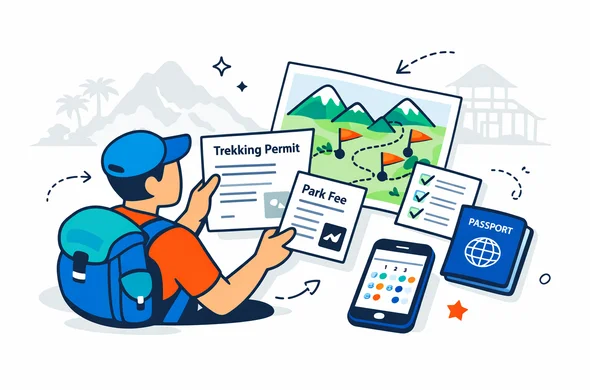 Flat or semi-flat vector illustration, clean lines, modern tech feel, isometric travel planning scene for Papua New Guinea trekking permits. Abstract faceless traveler reviewing a trek permit document, park fee receipt, passport, smartphone booking calendar, trail map with mountain icons and checklist. Deep blue and turquoise primary palette with Papua New Guinea accent colors red, black and gold. Calm, organized, efficient, safe atmosphere. Minimal white and light grey background with a faint jungle mountain silhouette and a subtle traditional stilt-house outline. No text, no logos, no photorealism, no watermark.