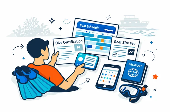 Flat or semi-flat vector illustration, clean lines, modern tech feel, isometric diving coordination scene for Papua New Guinea. Abstract faceless traveler checking dive certification, boat schedule, reef site fee receipt, smartphone reservation, fins and mask beside a passport. Deep blue and turquoise primary palette with Papua New Guinea accent colors red, black and gold. Calm, organized, efficient, safe atmosphere. Minimal white and light grey background with a faint coral reef silhouette, small island outline, and subtle dive boat shape. No text, no logos, no photorealism, no watermark.