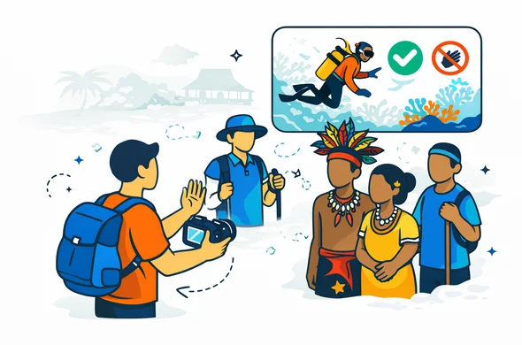 Flat or semi-flat vector illustration, clean lines, modern tech feel, 2D respectful travel scene in Papua New Guinea. Abstract faceless traveler lowering a camera and asking permission from local community members with a guide nearby, while another small panel shows reef-safe behavior and no-touch coral icons. Deep blue and turquoise primary palette with Papua New Guinea accent colors red, black and gold. Calm, organized, efficient, safe atmosphere. Minimal white and light grey background with a faint village house silhouette, tropical coastline outline, and subtle coral shapes. No text, no logos, no photorealism, no watermark.