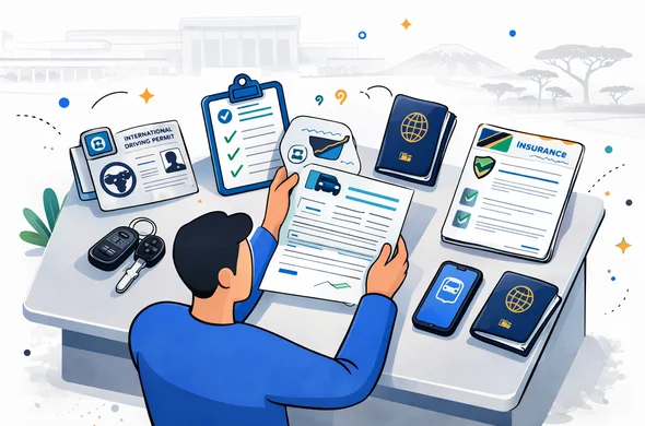 Flat or semi-flat vector illustration, clean lines, modern tech feel, isometric rental desk scene in Tanzania. Abstract faceless traveler reviewing rental documents, international driving permit, insurance policy, passport, smartphone, and car keys with a support checklist. Deep blue and turquoise primary palette with Tanzania inspired accents of green, gold, black, and blue. Calm, organized, efficient, safe atmosphere. Minimal white and light grey background with a faint outline of a terminal building and acacia trees. No text, no logos, no photorealism, no watermark.