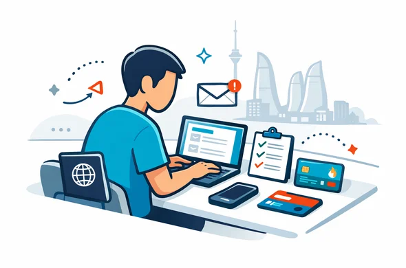 Flat or semi-flat vector illustration, clean lines, modern tech feel, light isometric. A faceless traveler sits calmly at a laptop preparing an Azerbaijan eVisa application, with passport, phone, checklist, email icon, and digital payment card on the desk. Deep blue and turquoise primary palette, warm amber and subtle flame-red accents inspired by Baku and Azerbaijan. Minimal white and light grey background with a faint silhouette of the Baku skyline and Flame Towers. Abstract neutral characters, no readable text, no photorealism, organized safe atmosphere, modern travel-tech style.