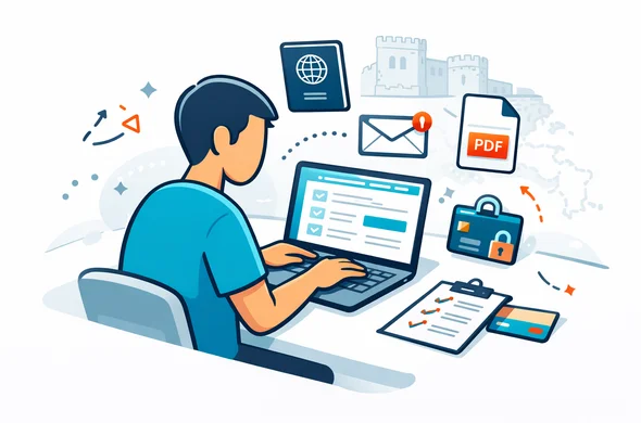 Flat or semi-flat vector illustration, clean lines, modern tech feel, 2D or light isometric. A faceless abstract traveler filling out an Azerbaijan eVisa online form on a laptop, with floating icons showing passport details, calendar date, email confirmation, secure payment, and PDF approval. Deep blue and turquoise primary palette with warm amber and soft flame-red accents inspired by Azerbaijan. Minimal white and grey background with faint outline of Baku old city walls and a subtle map outline. Calm, efficient, organized atmosphere, no readable text, no photorealism.