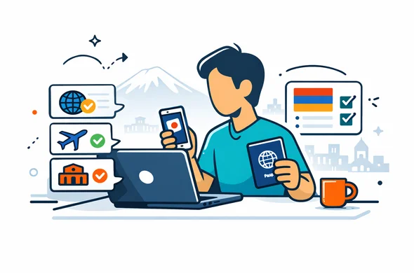 Flat or semi-flat vector illustration, clean lines, modern tech feel, light isometric 2D. An abstract faceless traveler checks Armenia online visa options on a laptop and smartphone while holding a passport. Deep blue and turquoise primary palette, Armenian apricot orange and warm red accent colors. Minimal white and light grey background with a faint outline of Mount Ararat and subtle Yerevan skyline. Calm, organized, safe atmosphere, digital checklist cards, no photorealism, no text, no watermark.