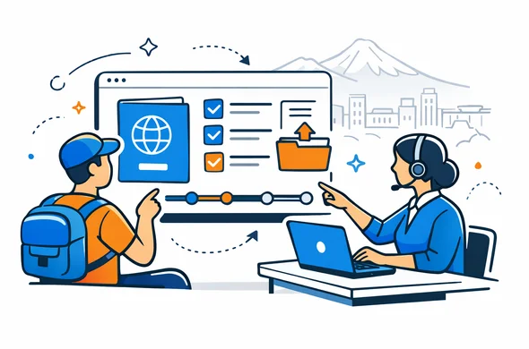 Flat vector illustration, clean lines, modern tech travel visa service scene, semi isometric. A calm faceless traveler and a support specialist review an Armenia eVisa 21 day application on a large digital dashboard with passport, checklist, upload icons, and progress steps. Deep blue and turquoise primary palette with warm apricot accent inspired by Armenia, minimal white and light grey background, subtle outline of Mount Ararat and Yerevan skyline, safe organized atmosphere, no readable text, not photorealistic.