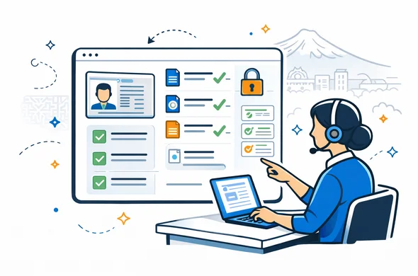 Semi flat vector illustration, modern visa operations workspace. A faceless support agent checks passport scan, uploaded files, and application fields for an Armenia eVisa 21 day service on a clean dashboard. Visual elements include green checkmarks, document thumbnails, secure lock icon, and structured workflow cards. Deep blue and turquoise with apricot accent, minimal white background, faint Armenian geometric pattern and Mount Ararat silhouette, calm efficient trustworthy mood, no readable text, no photorealism.