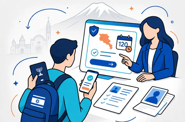Semi-flat vector illustration, modern digital visa assistance scene, isometric 2D, an abstract faceless Israeli traveler holding a passport and smartphone while a calm support specialist points to a secure dashboard showing the Armenia eVisa 120-day route, deep blue and turquoise palette with warm apricot accents inspired by Armenia, clean lines, minimalist white and light grey background, faint outline of Mount Ararat and subtle Yerevan skyline, organized safe efficient atmosphere, no readable text, no photorealism Semi-flat vector illustration, modern digital visa assistance scene, isometric 2D, an abstract faceless Israeli traveler holding a passport and smartphone while a calm support specialist points to a secure dashboard showing the Armenia eVisa 120-day route, deep blue and turquoise palette with warm apricot accents inspired by Armenia, clean lines, minimalist white and light grey background, faint outline of Mount Ararat and subtle Yerevan skyline, organized safe efficient atmosphere, no readable text, no photorealism