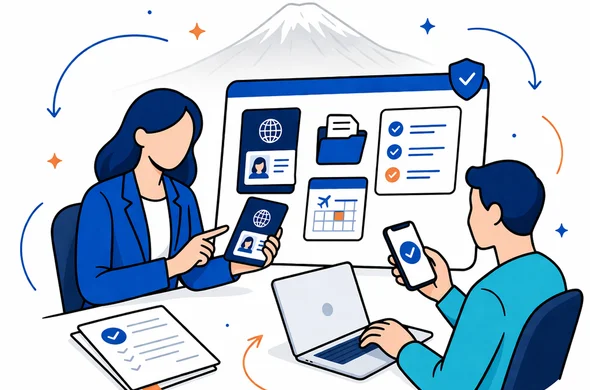 Flat vector illustration of an online visa document review process, a faceless support expert checking passport scan, digital files, checklist items and travel dates on a secure dashboard while a calm traveler sits nearby with laptop and phone, deep blue and turquoise palette with warm apricot accents inspired by Armenia, modern clean lines, white and soft grey minimalist background, faint Mount Ararat outline, efficient safe atmosphere, no readable text, no photorealism Flat vector illustration of an online visa document review process, a faceless support expert checking passport scan, digital files, checklist items and travel dates on a secure dashboard while a calm traveler sits nearby with laptop and phone, deep blue and turquoise palette with warm apricot accents inspired by Armenia, modern clean lines, white and soft grey minimalist background, faint Mount Ararat outline, efficient safe atmosphere, no readable text, no photorealism