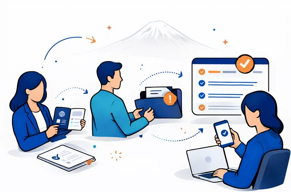 Semi-flat vector illustration of a guided online visa application workflow, abstract faceless characters moving through checklist stages with passport, document folder, smartphone notifications and progress panels, deep blue and turquoise palette with warm Armenian apricot accents, clean modern vector lines, isometric 2D composition, minimalist white and grey background with subtle Mount Ararat silhouette, calm organized safe feeling, no readable text, no photorealism Semi-flat vector illustration of a guided online visa application workflow, abstract faceless characters moving through checklist stages with passport, document folder, smartphone notifications and progress panels, deep blue and turquoise palette with warm Armenian apricot accents, clean modern vector lines, isometric 2D composition, minimalist white and grey background with subtle Mount Ararat silhouette, calm organized safe feeling, no readable text, no photorealism