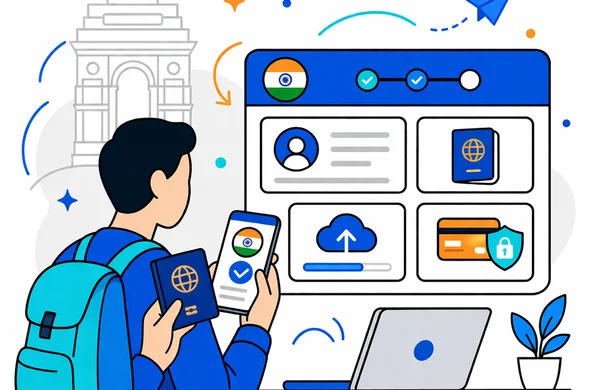 Flat semi flat vector illustration, modern travel visa process for India, deep blue and turquoise primary palette with saffron orange accent inspired by India, calm faceless traveler holding passport and phone while viewing an online eVisa application dashboard, clean lines, minimalist white and light grey background, subtle outline of India Gate in the distance, organized interface cards, secure digital workflow, 2D or light isometric, not photorealistic, no readable text
