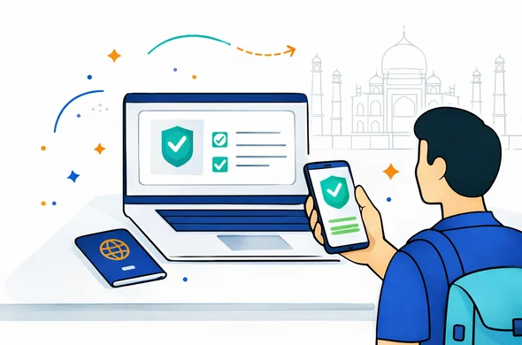 Semi flat vector illustration of a successful India eVisa approval moment, faceless traveler viewing an approved digital travel authorization on phone and laptop, passport on desk, deep blue and turquoise main colors with saffron orange highlights, minimalist white and grey background with subtle Taj Mahal outline, calm safe efficient mood, clean lines, 2D or light isometric, no readable text, not photorealistic