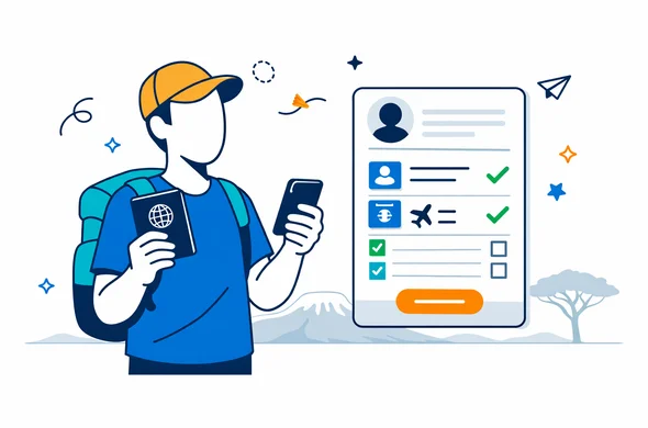 Flat semi flat vector illustration, modern visa service scene, clean lines, calm organized atmosphere, deep blue and turquoise brand colors with warm savanna gold accent for Tanzania, abstract faceless traveler holding passport and smartphone, digital application dashboard floating beside, minimal white and light grey background, faint silhouette of Mount Kilimanjaro in the distance, subtle isometric perspective, safe efficient trustworthy mood, no photorealism, no text, no watermark Flat semi flat vector illustration, modern visa service scene, clean lines, calm organized atmosphere, deep blue and turquoise brand colors with warm savanna gold accent for Tanzania, abstract faceless traveler holding passport and smartphone, digital application dashboard floating beside, minimal white and light grey background, faint silhouette of Mount Kilimanjaro in the distance, subtle isometric perspective, safe efficient trustworthy mood, no photorealism, no text, no watermark