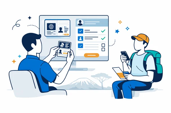 Flat vector illustration, clean modern visa assistance workflow, deep blue and turquoise with Tanzania inspired sunset orange accent, abstract faceless service specialist reviewing passport scan, checklist, and digital form on a large screen, traveler seated calmly with phone and documents, minimal white grey background, faint safari acacia tree silhouette, 2D with light isometric elements, safe organized efficient mood, no photorealism, no text, no watermark Flat vector illustration, clean modern visa assistance workflow, deep blue and turquoise with Tanzania inspired sunset orange accent, abstract faceless service specialist reviewing passport scan, checklist, and digital form on a large screen, traveler seated calmly with phone and documents, minimal white grey background, faint safari acacia tree silhouette, 2D with light isometric elements, safe organized efficient mood, no photorealism, no text, no watermark