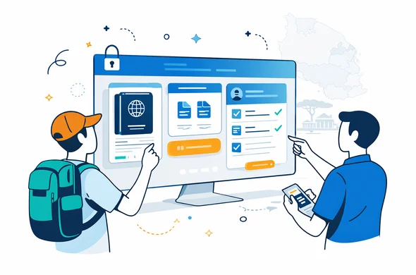 Semi flat vector illustration of official online visa application interface for Tanzania, deep blue and turquoise brand palette with warm gold accent, abstract faceless traveler and support expert pointing at secure dashboard, passport, uploaded files, check status panel, minimalist white grey background with faint outline of Tanzania map and subtle government building silhouette, clean lines, calm safe modern tech mood, isometric 2D hybrid, no photorealism, no text, no watermark Semi flat vector illustration of official online visa application interface for Tanzania, deep blue and turquoise brand palette with warm gold accent, abstract faceless traveler and support expert pointing at secure dashboard, passport, uploaded files, check status panel, minimalist white grey background with faint outline of Tanzania map and subtle government building silhouette, clean lines, calm safe modern tech mood, isometric 2D hybrid, no photorealism, no text, no watermark