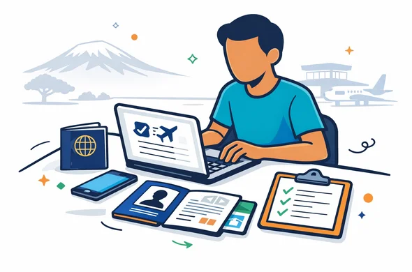 Flat or semi-flat vector illustration, clean lines, modern tech feel, slight isometric perspective, not photorealistic. A calm faceless traveler preparing a Tanzania eVisa on a laptop with passport, checklist, phone, and neatly organized documents on a desk. Deep blue and turquoise brand palette with Tanzania-inspired accent colors in warm safari gold and subtle green. Minimal white and light grey background with a faint outline of Mount Kilimanjaro and a soft airport terminal silhouette. Abstract neutral characters, no distinct facial features, organized, safe, efficient atmosphere. Flat or semi-flat vector illustration, clean lines, modern tech feel, slight isometric perspective, not photorealistic. A calm faceless traveler preparing a Tanzania eVisa on a laptop with passport, checklist, phone, and neatly organized documents on a desk. Deep blue and turquoise brand palette with Tanzania-inspired accent colors in warm safari gold and subtle green. Minimal white and light grey background with a faint outline of Mount Kilimanjaro and a soft airport terminal silhouette. Abstract neutral characters, no distinct facial features, organized, safe, efficient atmosphere.